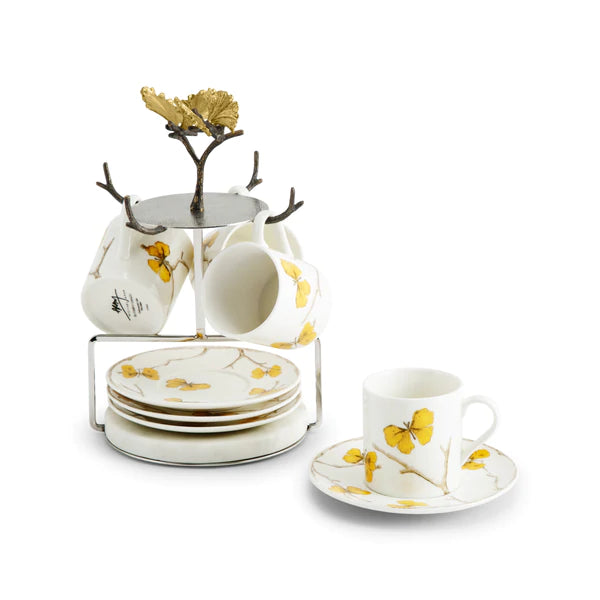 Butterfly Ginkgo Gold Demitasse Set - Set of 4 with Stand