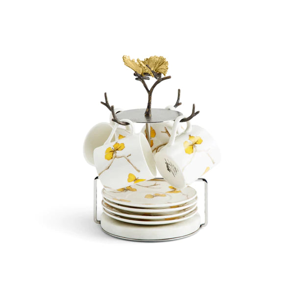 Butterfly Ginkgo Gold Demitasse Set - Set of 4 with Stand